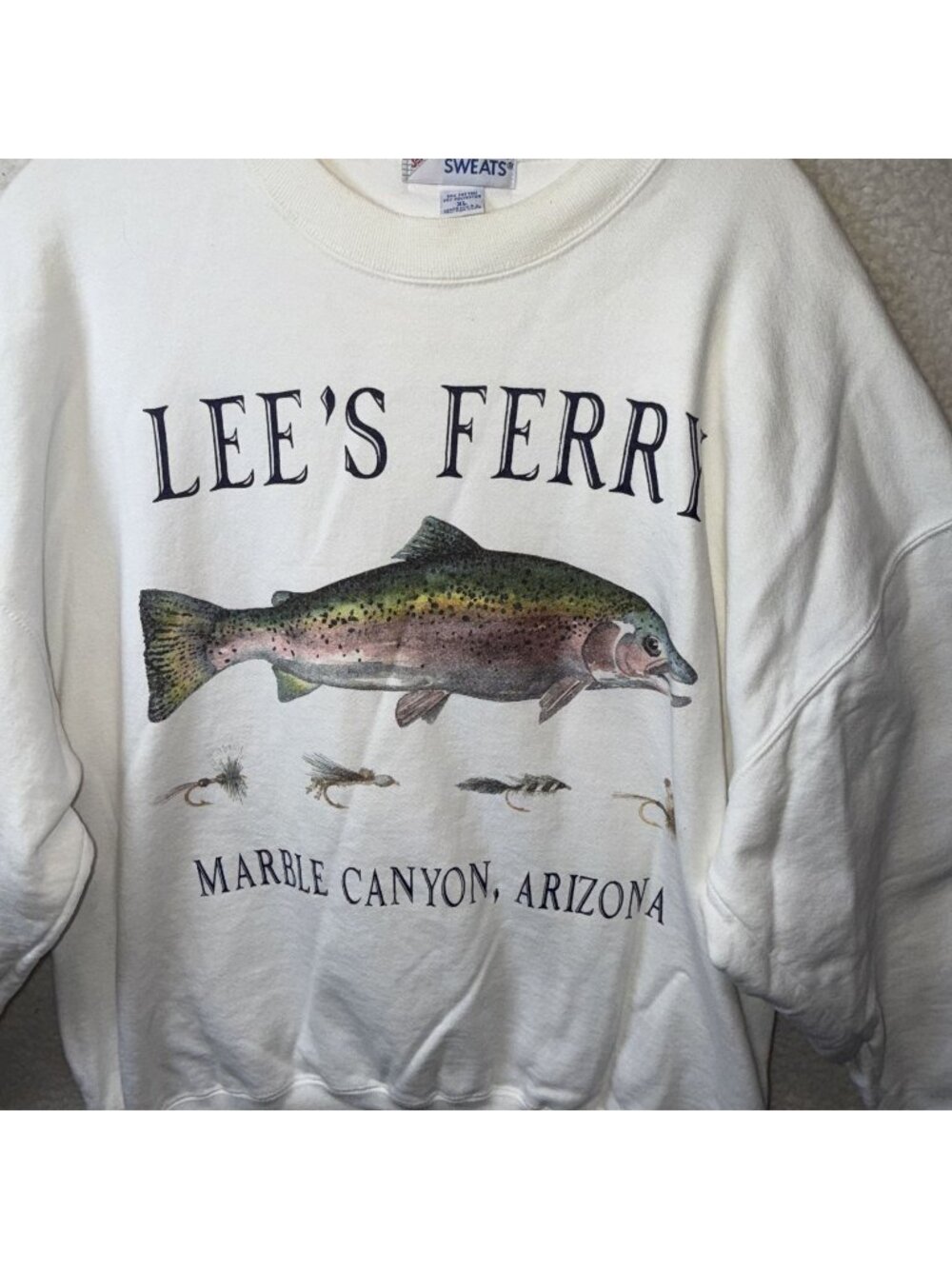 Vintage 90's Jerzees Lees Ferry Marble Canyon‎ Fish Crewneck Sweatshirt XL White